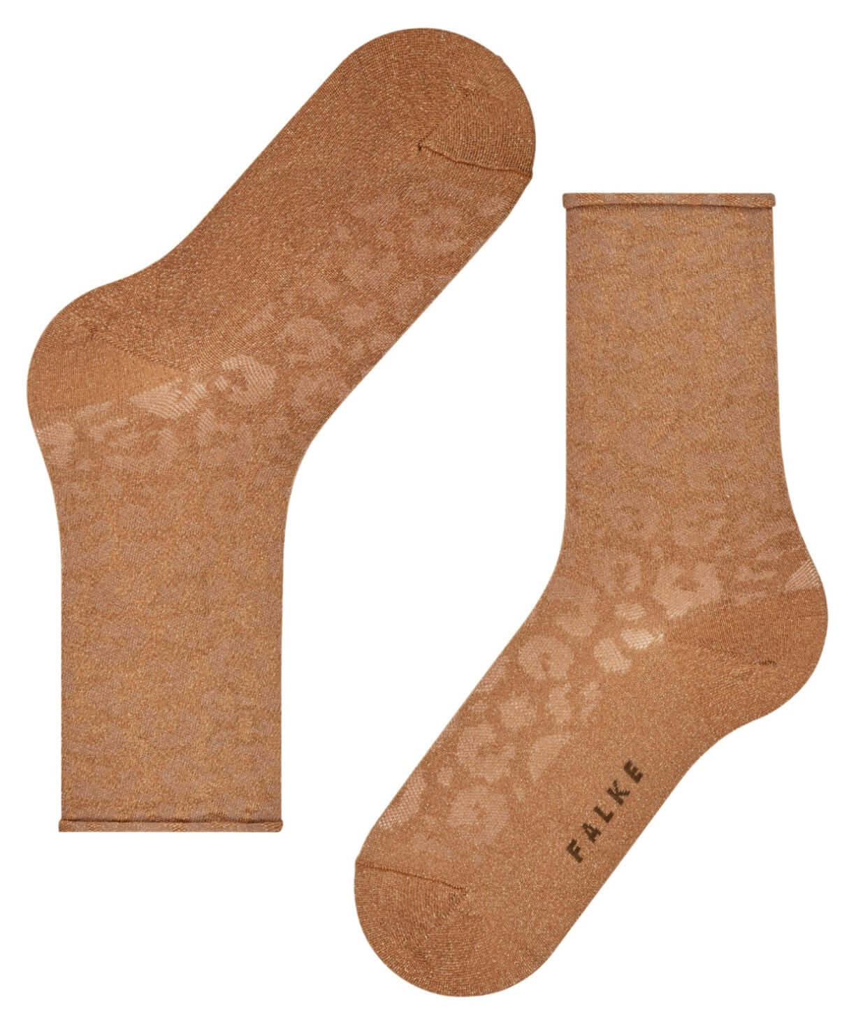 FALKE damessokken in old brass met glitter luipaardpatroon en zacht rolboordje, trendy en stijlvol.