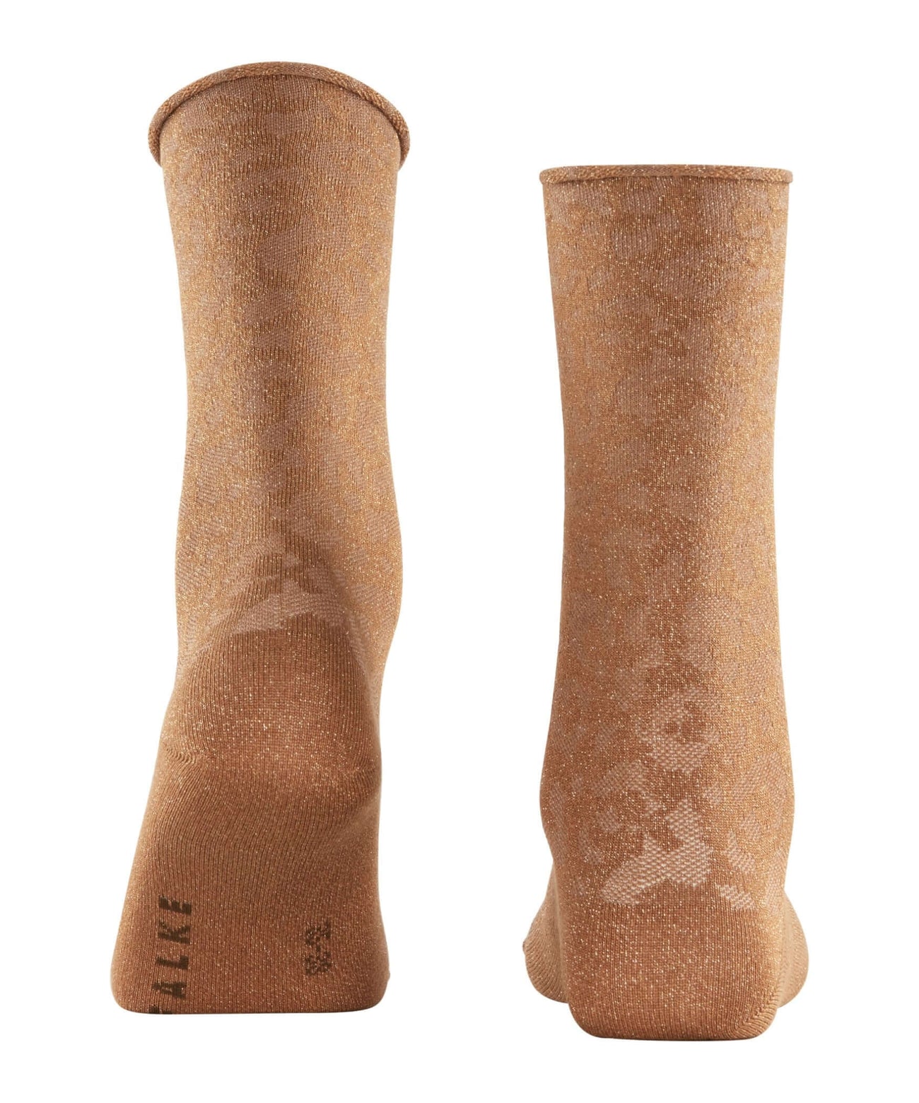 FALKE damessokken in old brass met glitter luipaardpatroon en zacht rolboordje, trendy en comfortabel.