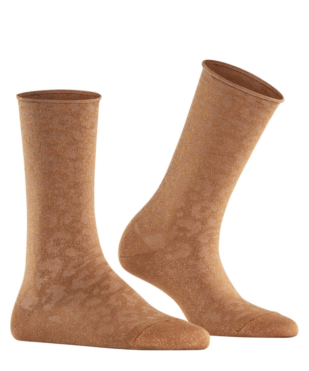 FALKE Dames sokken in old brass met glinsterend luipaardpatroon en zacht rolboordje. Trendy en comfortabel.