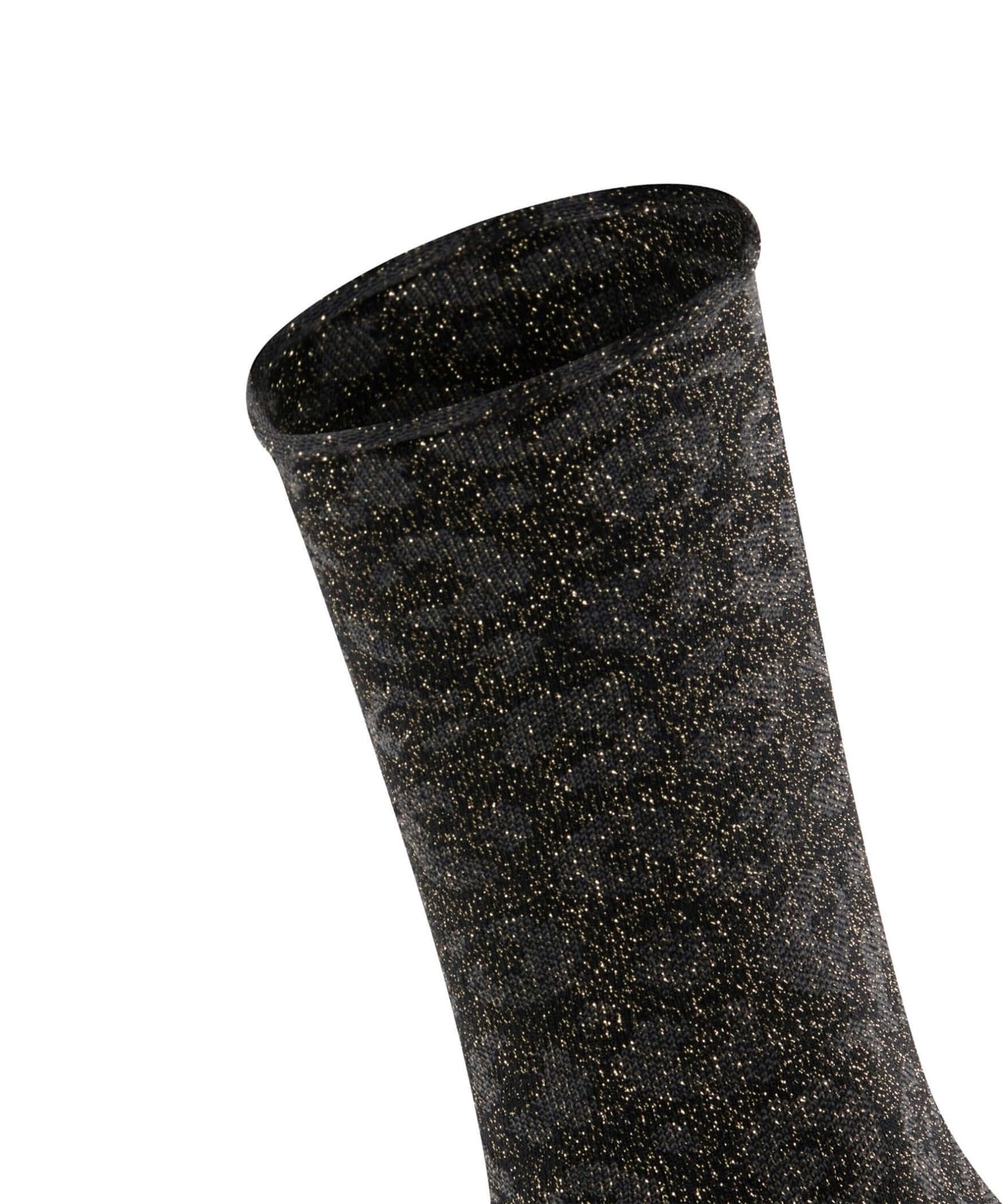 FALKE shiny zwarte damessokken met glitter luipaardpatroon en zacht rolboordje.