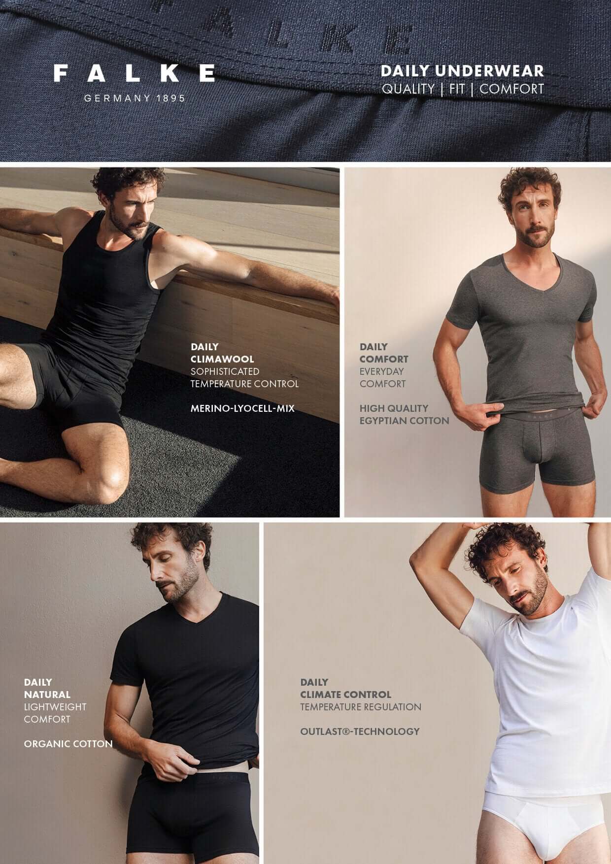 FALKE Daily T-Shirts en boxershorts voor optimaal comfort en temperatuurregulatie, gemaakt van hoogwaardige materialen.