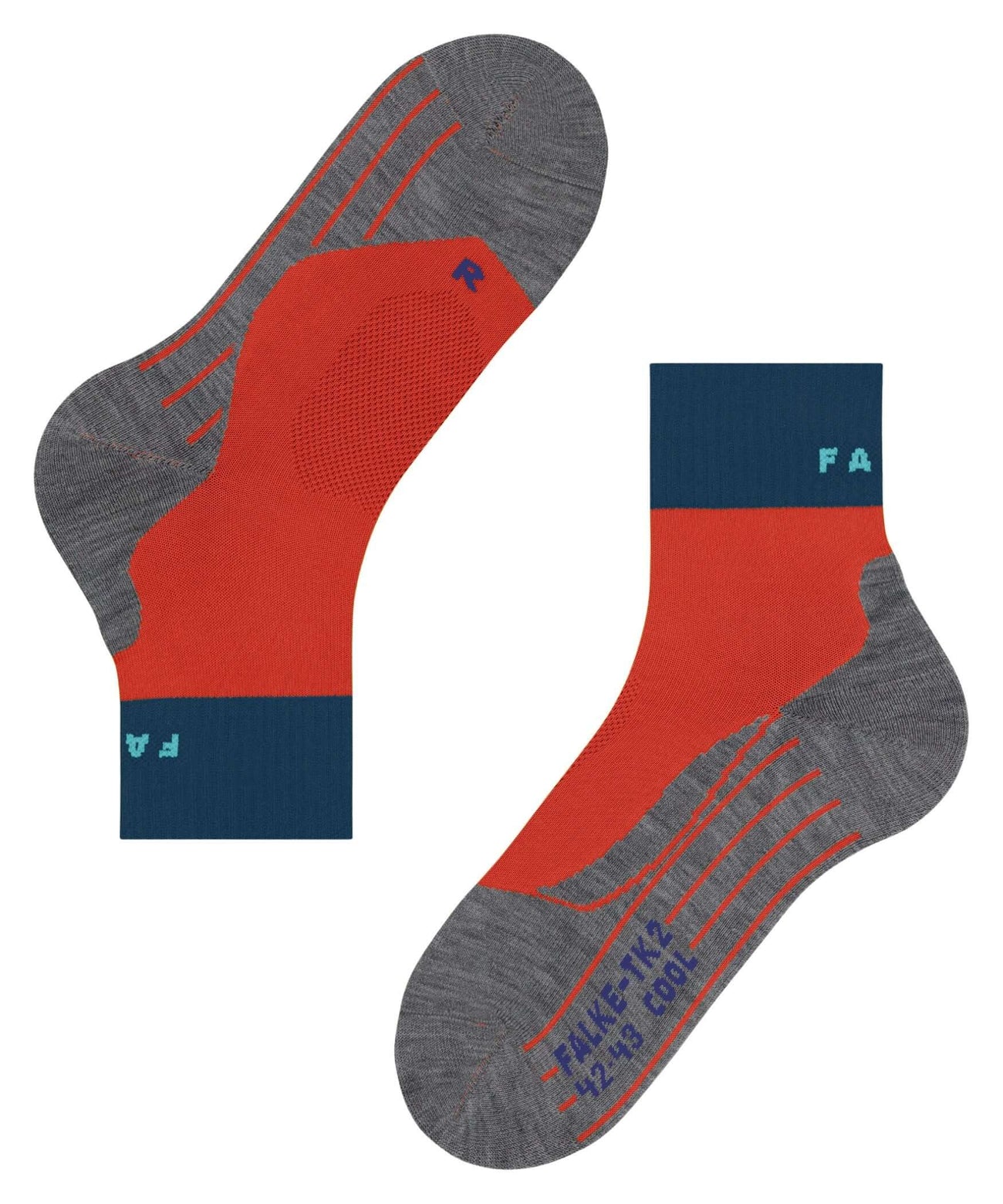 FALKE TK2 Cool Short heren wandelsokken in grijs en rood, ideaal voor lagere wandelschoenen.