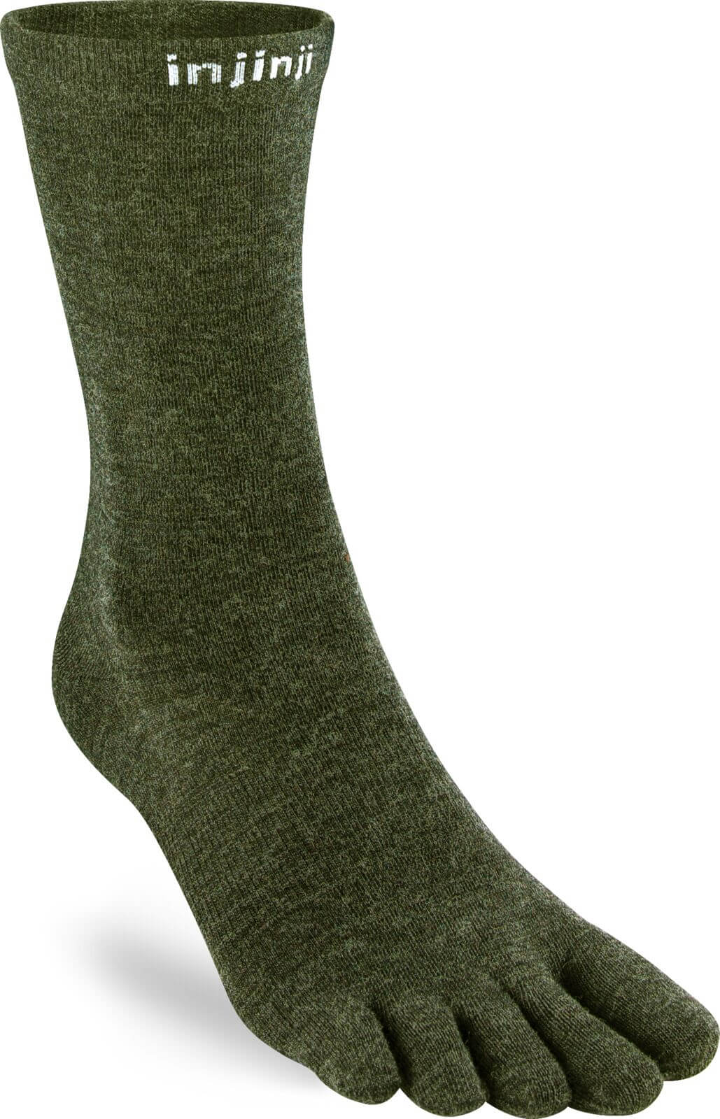 Injinji Teensokken Liner Crew Wool Unisex IS060670  50 Green in olijfgroen, perfect voor droge voeten.