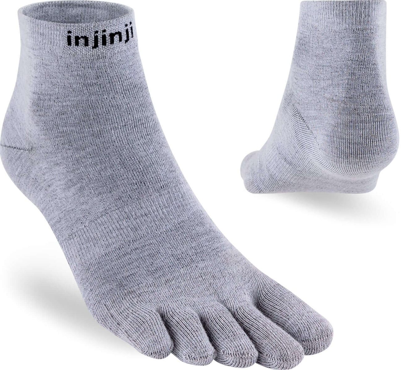 Injinji teensokken mini-crew Coolmax grijs, teenverdeling voor comfort en droogte.
