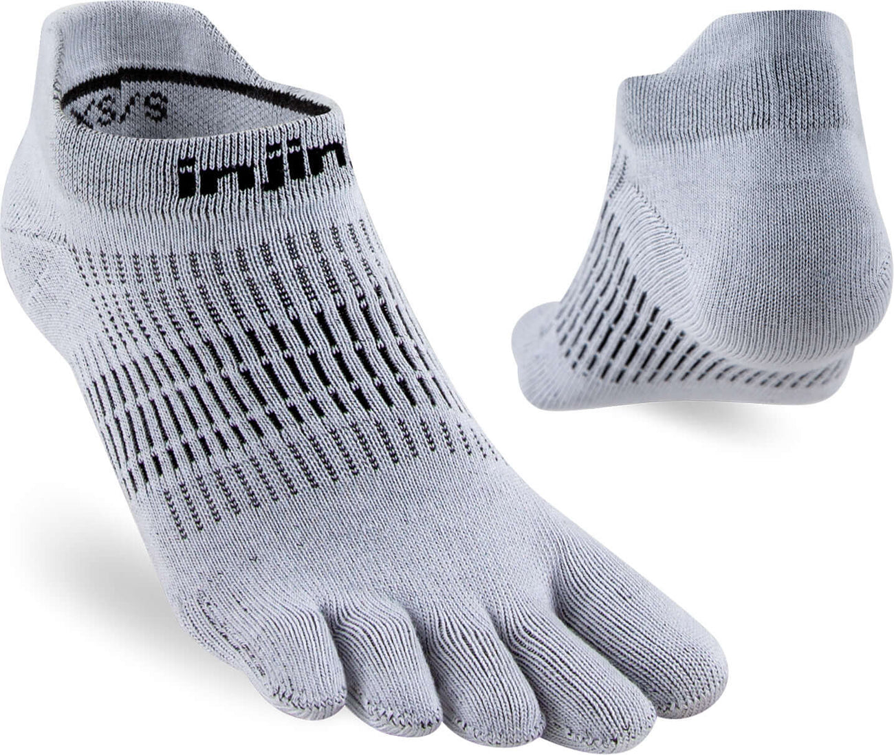 Injinji Run Lightweight No-Show teensokken voor dames, grijs, met unieke teenverdeling en vochtregulatie.