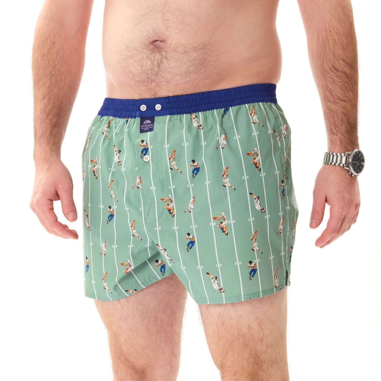 McAlson Boxershort met binnenbroek American Football green M5266, groene boxer met American Footballprint en blauwe boord.