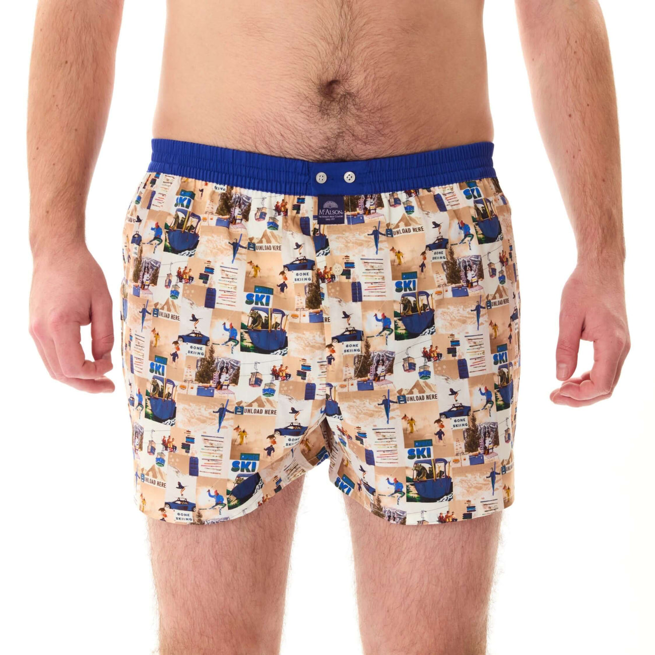McAlson Boxershort met binnenbroek Après-ski beige M5261 met apresskiprint en donkerblauwe boord.