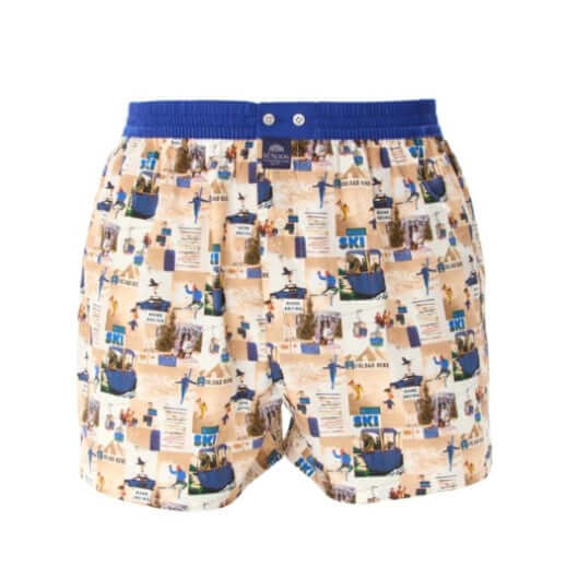 McAlson Boxershort met binnenbroek Après-ski beige M5261 met apresskiprint en donkerblauwe boord.