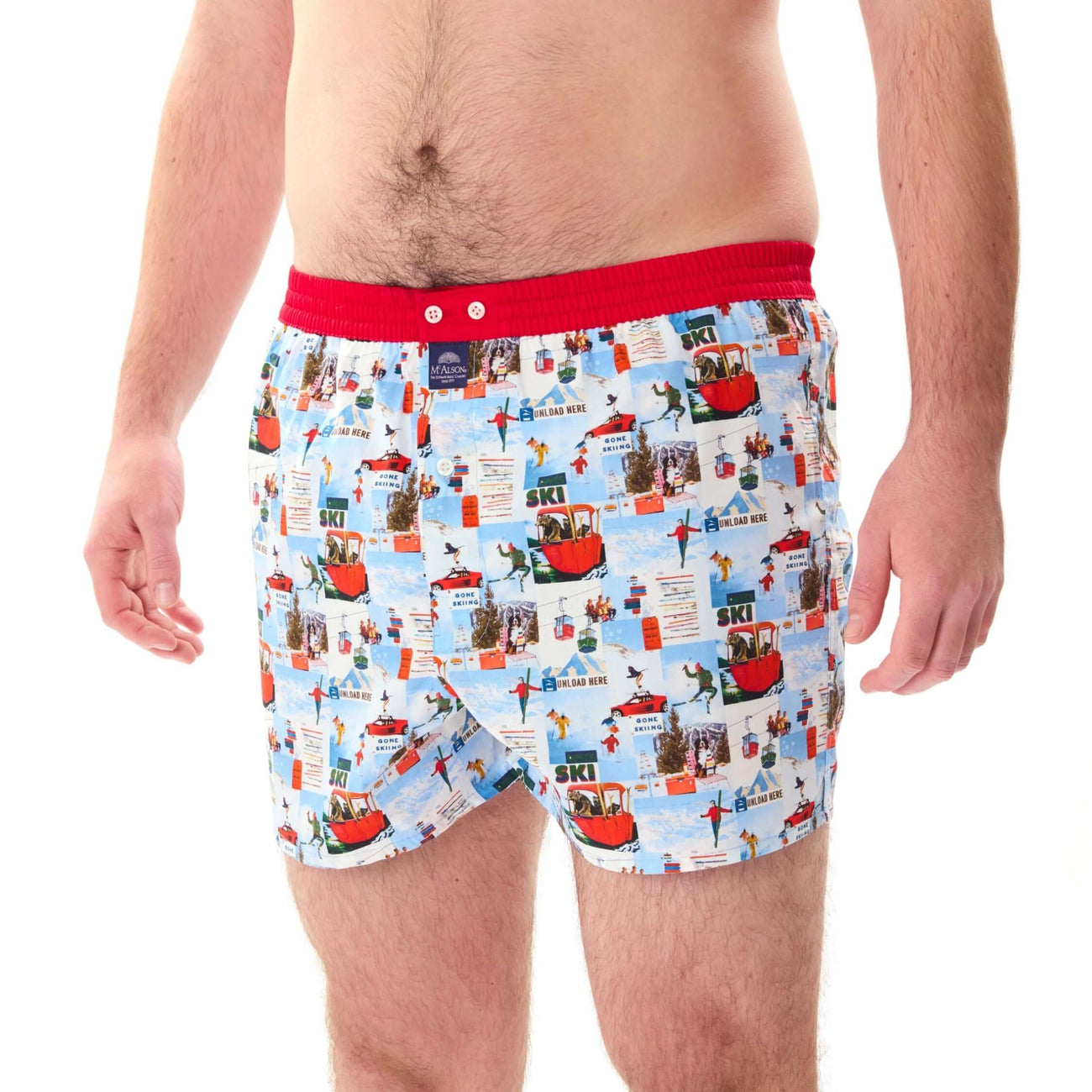 McAlson Boxershort met binnenbroek Après-ski light blue & red M5259 met skitafereelprint en rode boord.