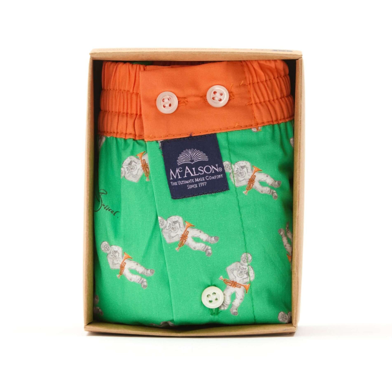 McAlson Boxershort met binnenbroek Astrojazz green M5273 in een verpakking met groene stof en oranje boord.