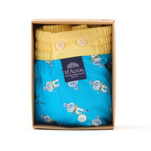McAlson Boxershort met binnenbroek Astrojazz turquoise M5272 in verpakking met gele boord en leuke print.