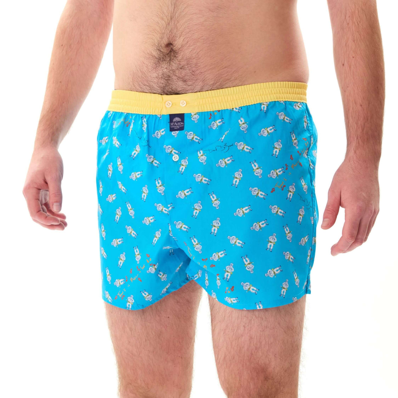 McAlson Boxershort met binnenbroek Astrojazz turquoise M5272, lichtblauwe wijde boxer met leuke print en gele boord.