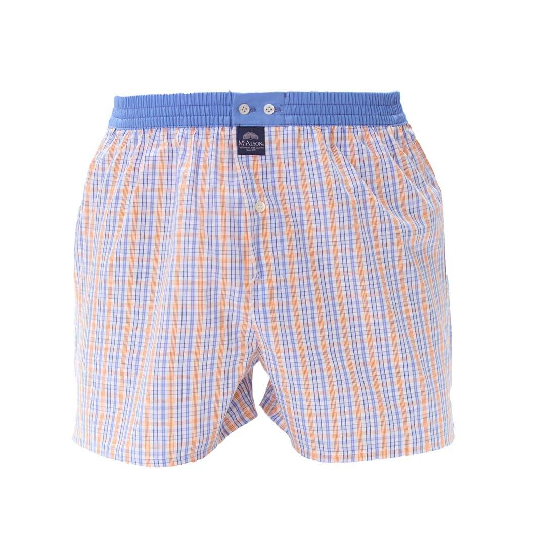 McAlson boxershort blauw oranje ruitjesprint met comfortabele pasvorm en blauwe boord.