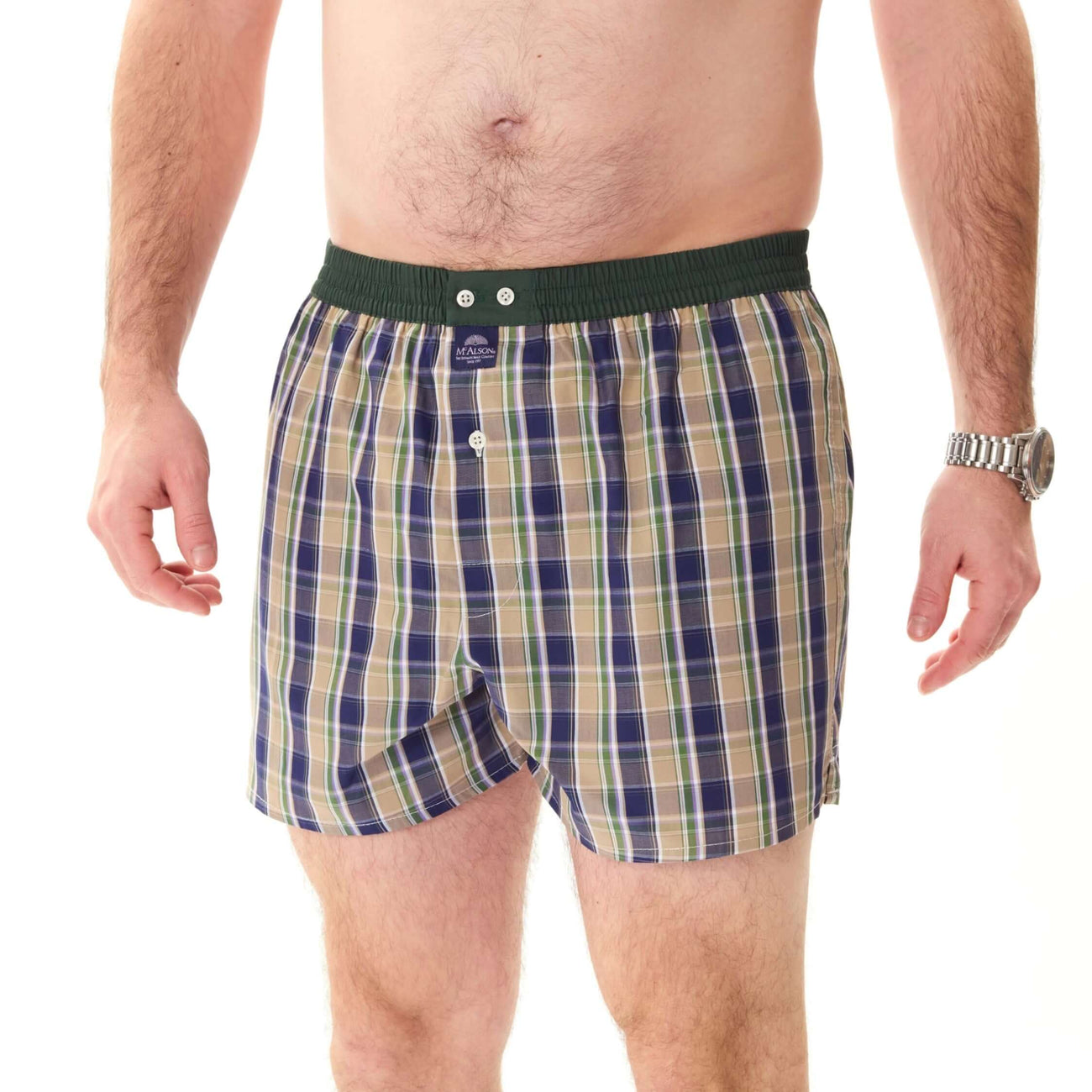McAlson boxershort met ruitjesprint in bruin en groen-blauw, comfortabele fit met inside support.
