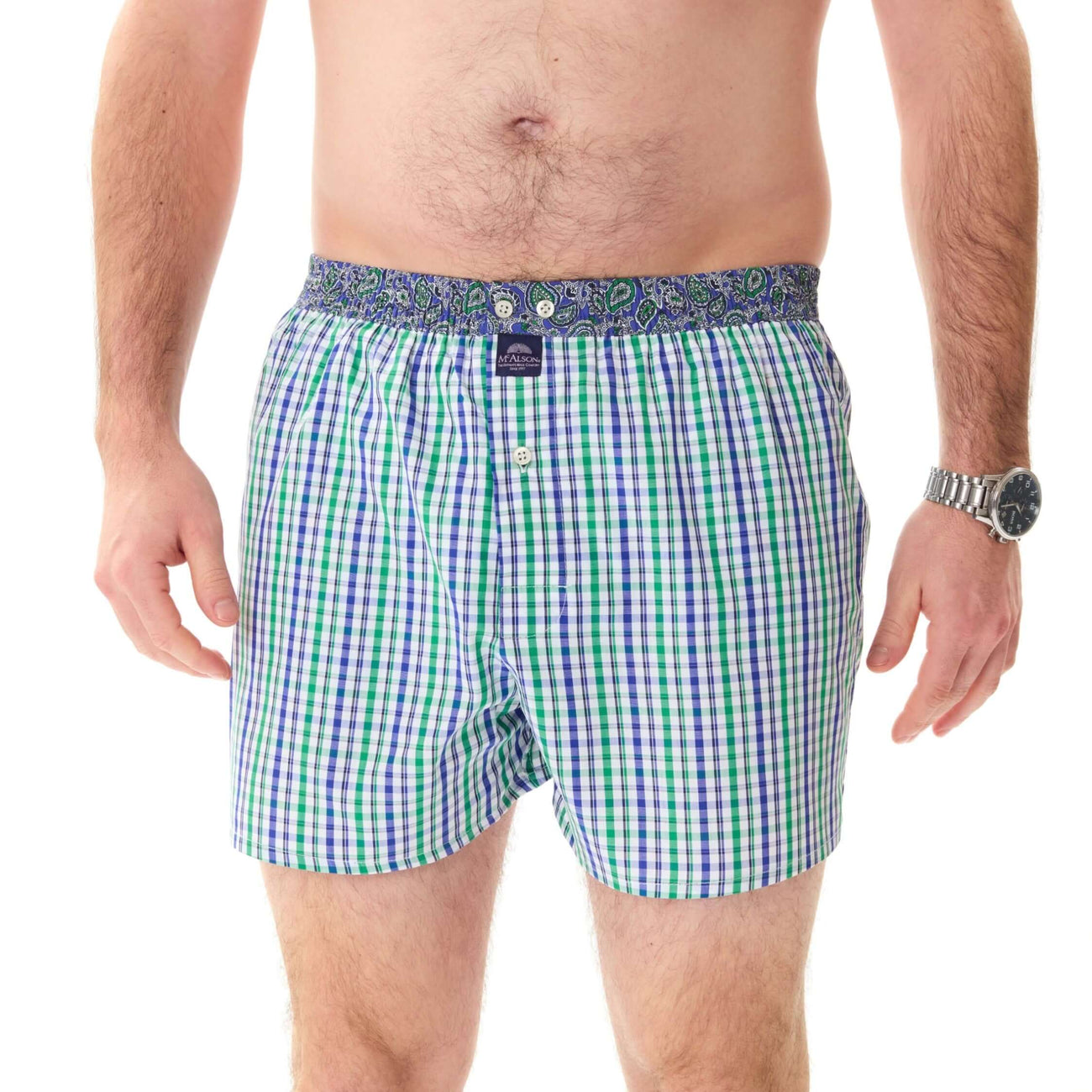 McAlson boxershort in groen en blauw ruitjesprint met paisley boord voor stijl en comfort.