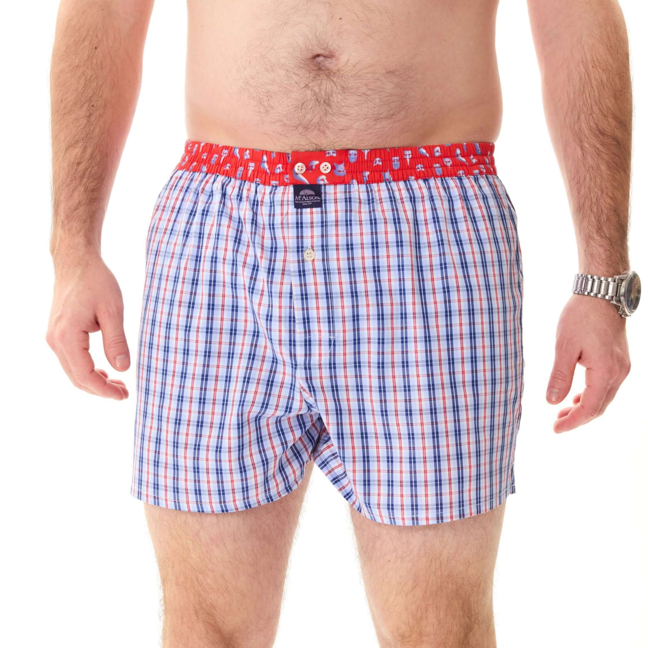 McAlson boxershort met ruitjes in lichtblauw, navy en rood, comfortabel met inwendig steunsysteem.