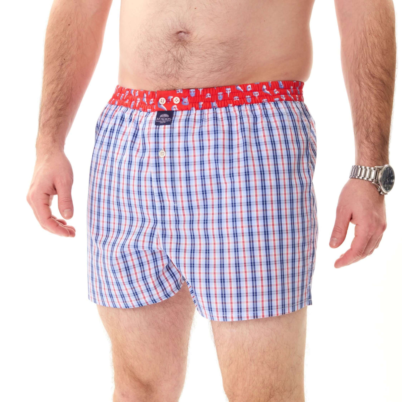 McAlson boxershort met ruitjesprint in lichtblauw, navy en rood, perfect voor stijl en comfort.