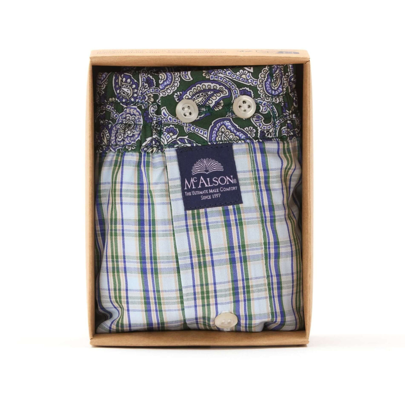 McAlson boxershort in blauw-groen ruitjes met paisley boord, stijlvol en comfortabel in geschenkdoos.