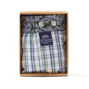 McAlson boxershort in blauw-groen ruitjes met paisley boord, stijlvol en comfortabel in geschenkdoos.