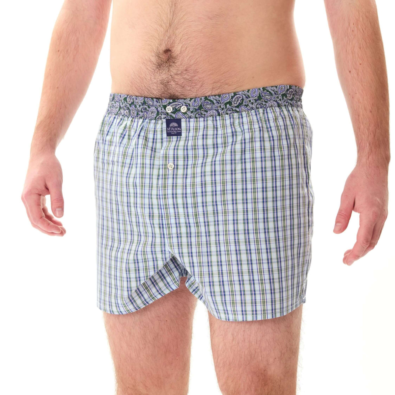 McAlson boxershort in lichtblauw en groen met ruitenprint en paisley boord, ideaal voor comfort en stijl.