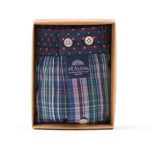 McAlson boxershort met ruitjesprint in doos, blauw groen met donkerblauwe boord. Comfortabel en stijlvol.