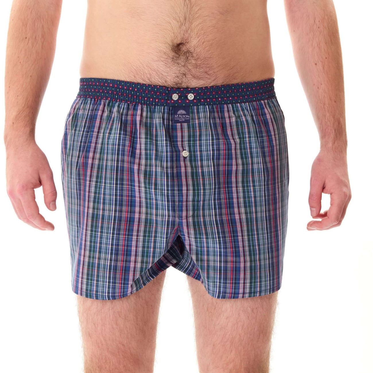 McAlson boxershort met ruitjesprint in blauw en groen, comfortabele pasvorm met donkerblauwe boord.