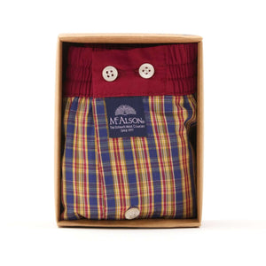 McAlson boxershort in geschenkdoos met ruitjesprint in blauw, geel en bordeaux, stijlvol en comfortabel.