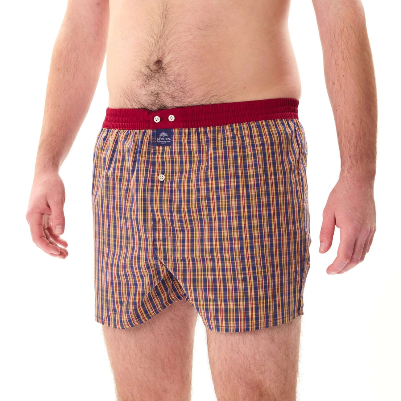 McAlson boxershort in blauw-geel met ruitjes en donkerrode boord, model M5221, voor stijlvolle comfort.