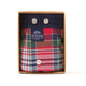 McAlson boxershort in groen, blauw en rood ruitjes, verpakt in doos met knopen en label, stijlvol en comfortabel.