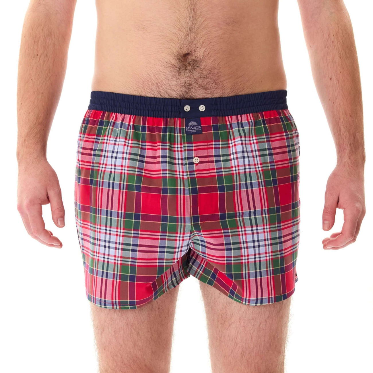 McAlson boxershort met ruitjesprint in groen, blauw en rood, met donkerblauwe boord voor stijl en comfort.