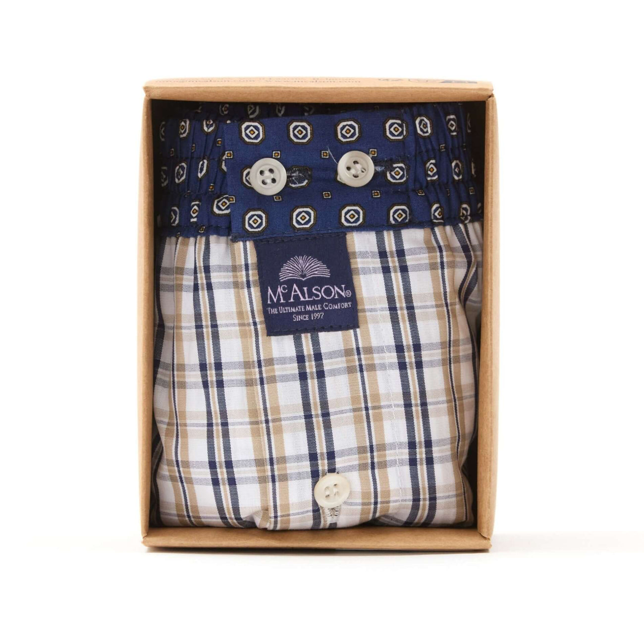 McAlson boxershort met ruitjesprint in verpakking, blauw en beige, stijlvolle en comfortabele onderkleding.