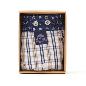 McAlson boxershort met ruitjesprint in verpakking, blauw en beige, stijlvolle en comfortabele onderkleding.