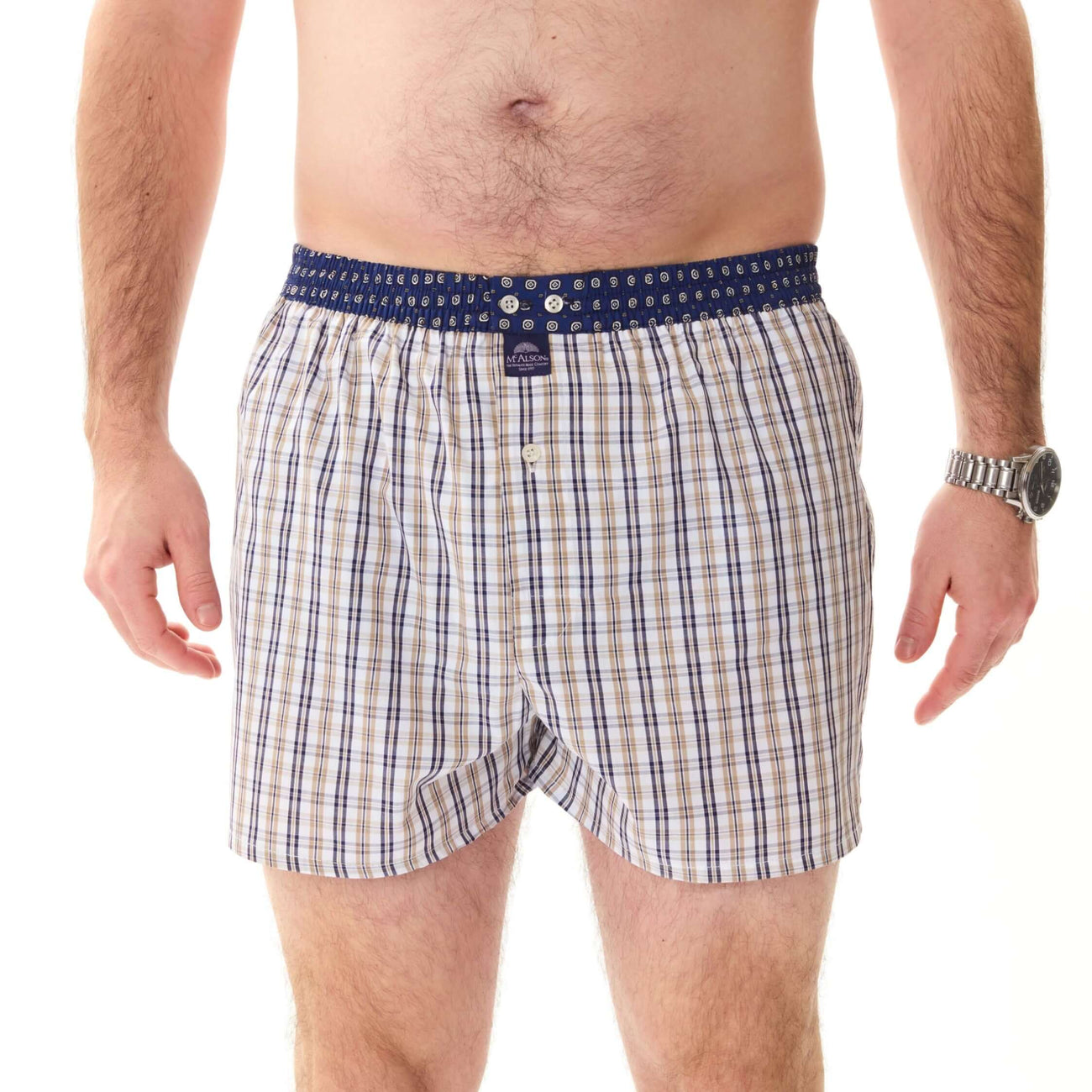 McAlson boxershort met ruitjesprint in blauw en khaki, met comfortabel intern steunsysteem.