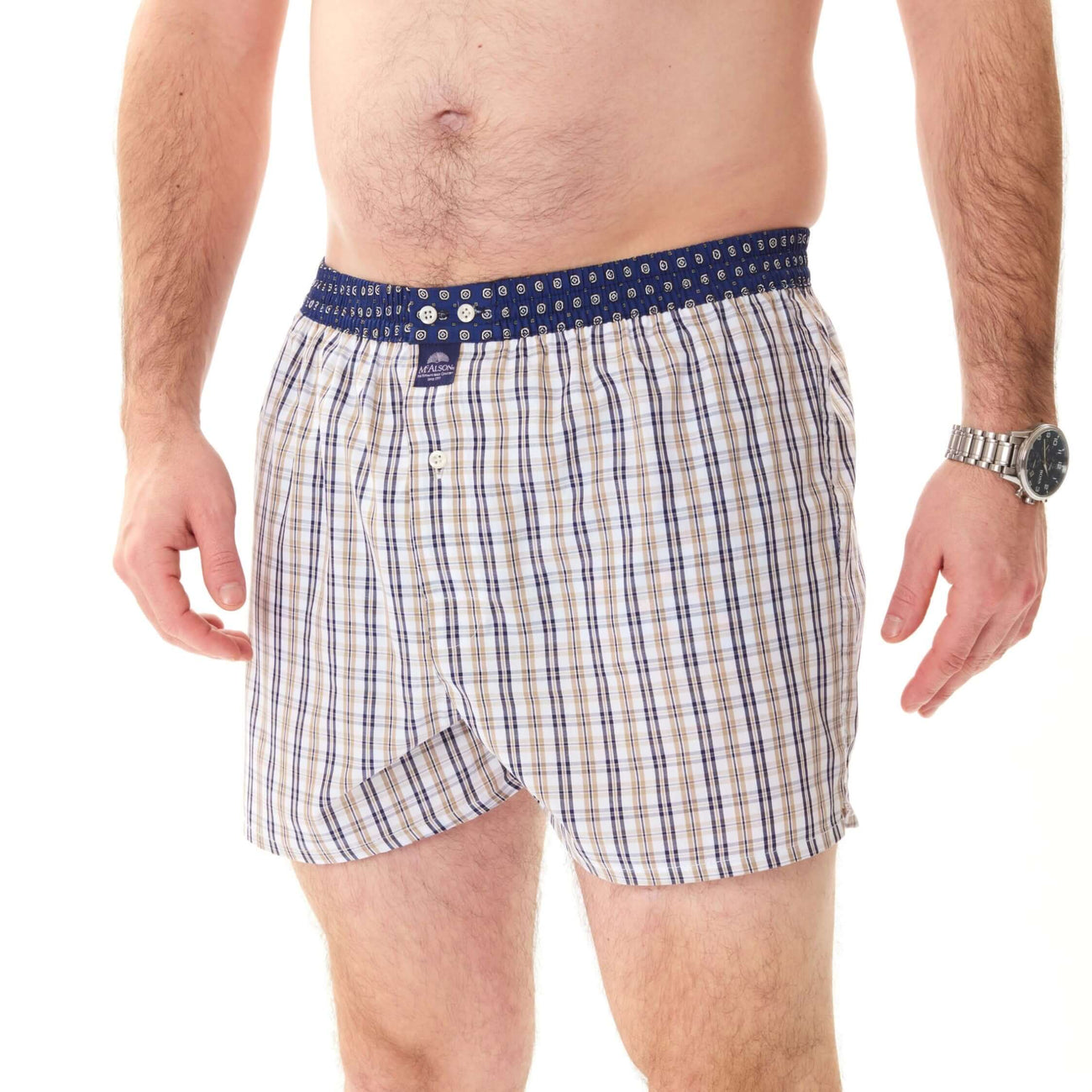 McAlson boxershort in blauw en khaki ruitjesprint met donkerblauwe boord en comfortabele pasvorm.