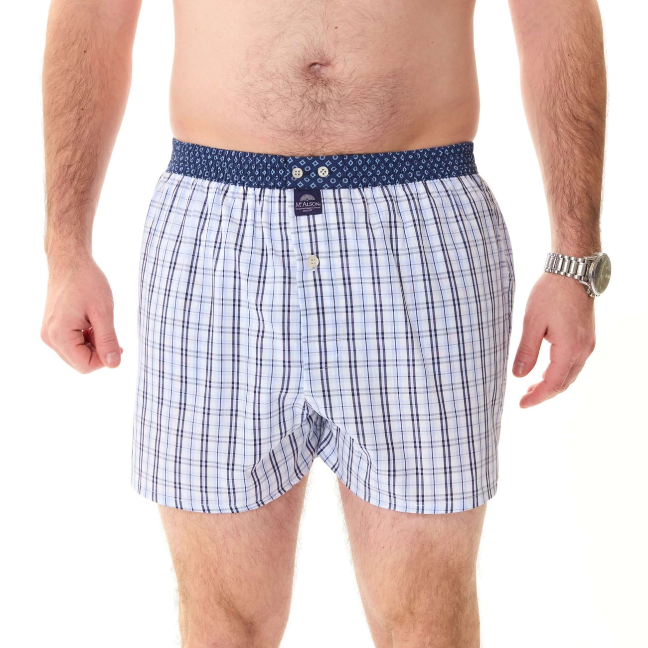 McAlson boxershort in lichtblauw met ruitjes en donkerblauwe boord, stijlvolle en comfortabele ondergoed.