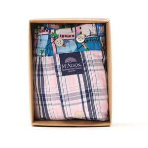 McAlson boxershort in emballage, met roze en navy blokjesprint, perfect voor stijl en comfort.