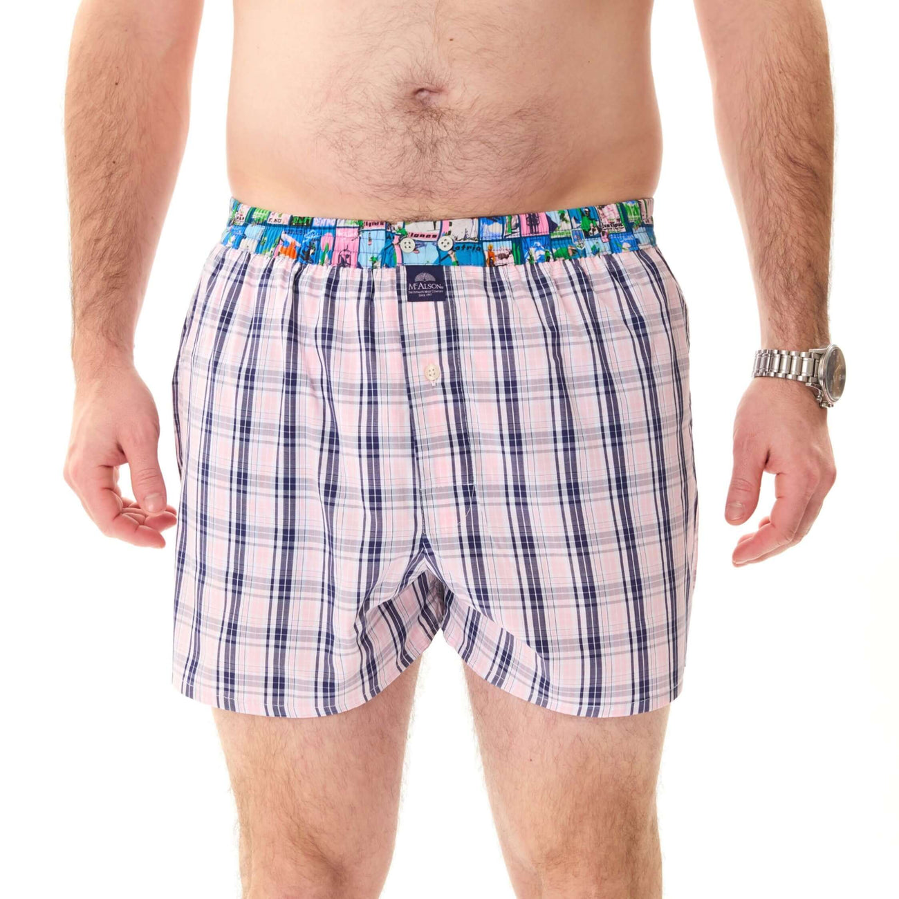 Roze boxershort met blokjesprint en gekleurde boord, ideaal voor stijl en comfort.