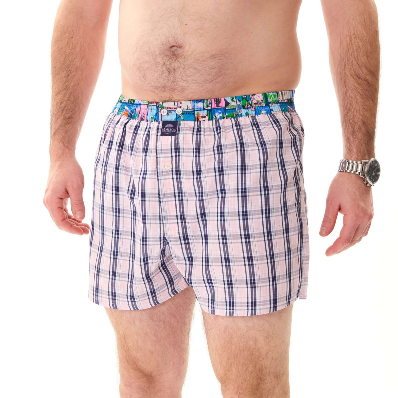 Roze blokjesprint boxershort met gekleurde boord, stijlvol en comfortabel, geschikt voor dagelijks gebruik.
