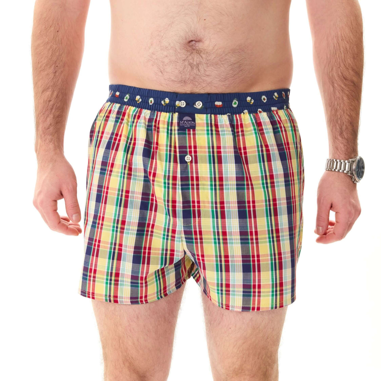 McAlson boxershort met ruitjesprint in rood, geel en navy, voorzien van een blauw boord met sushiprint.