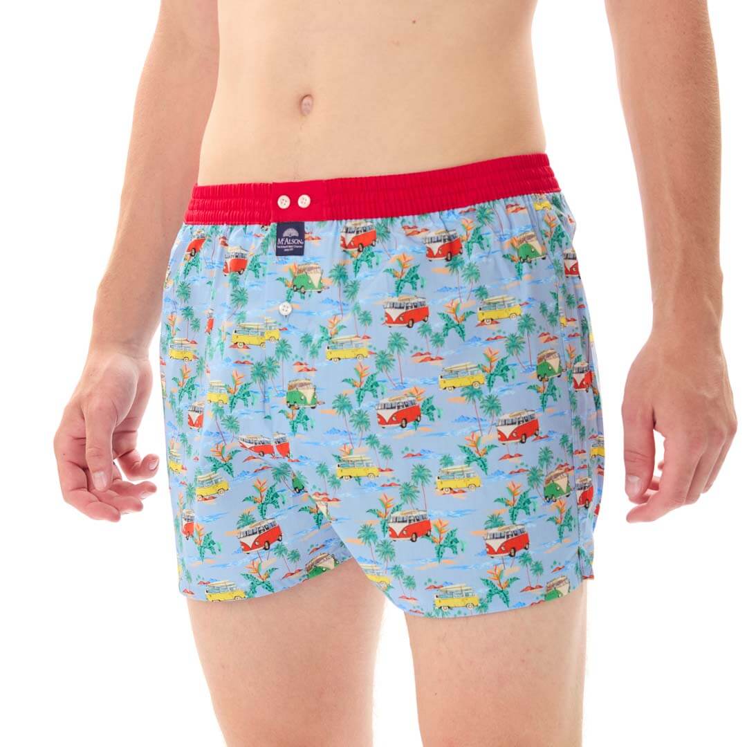 Mc Alson Boxershort met binnenbroek Coastal Camper light blue M5338 blauw, met kleurrijke camperprint en rode boord.