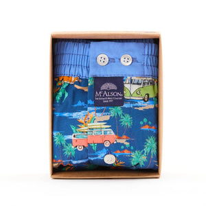 Mc Alson Boxershort met binnenbroek Coastal Camper navy M5339 marine verpakt in doos met kleurrijke camperprint.