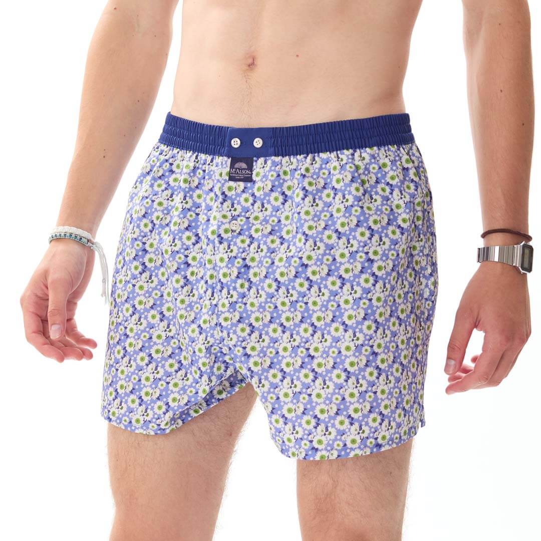 McAlson Boxershort met binnenbroek Daisies Blue M5169 met bloemenprint in lichtblauw en donkerblauwe boord.