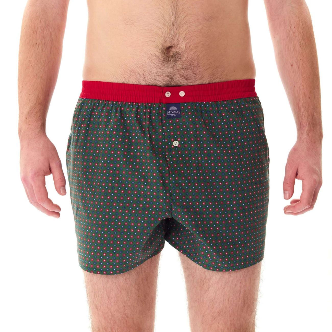 McAlson Boxershort met binnenbroek Diamonds green M5247, groene boxer met diamantprint en rode boord.