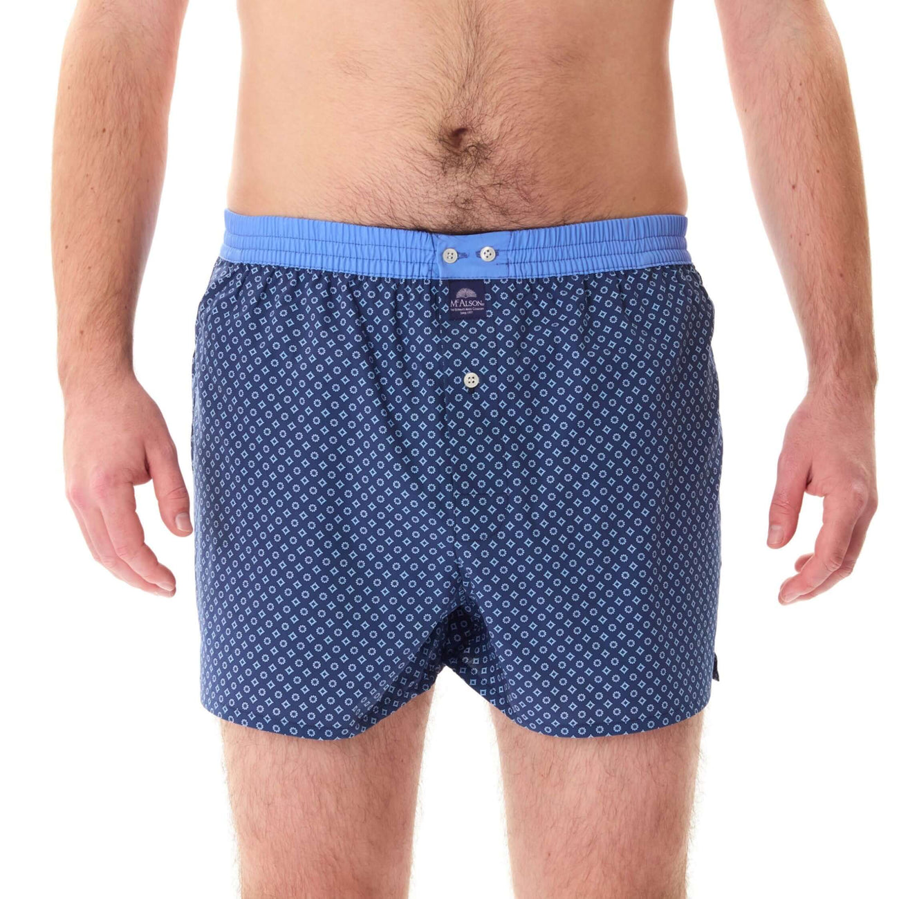 McAlson Boxershort met binnenbroek Diamonds navy M5249 in blauw met diamantprint en lichtblauwe boord.