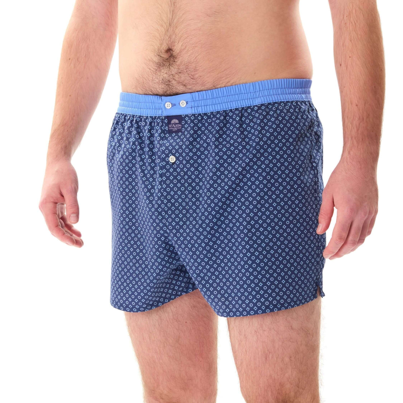 McAlson Boxershort met binnenbroek Diamonds navy M5249 met diamantprint en lichtblauwe boord.