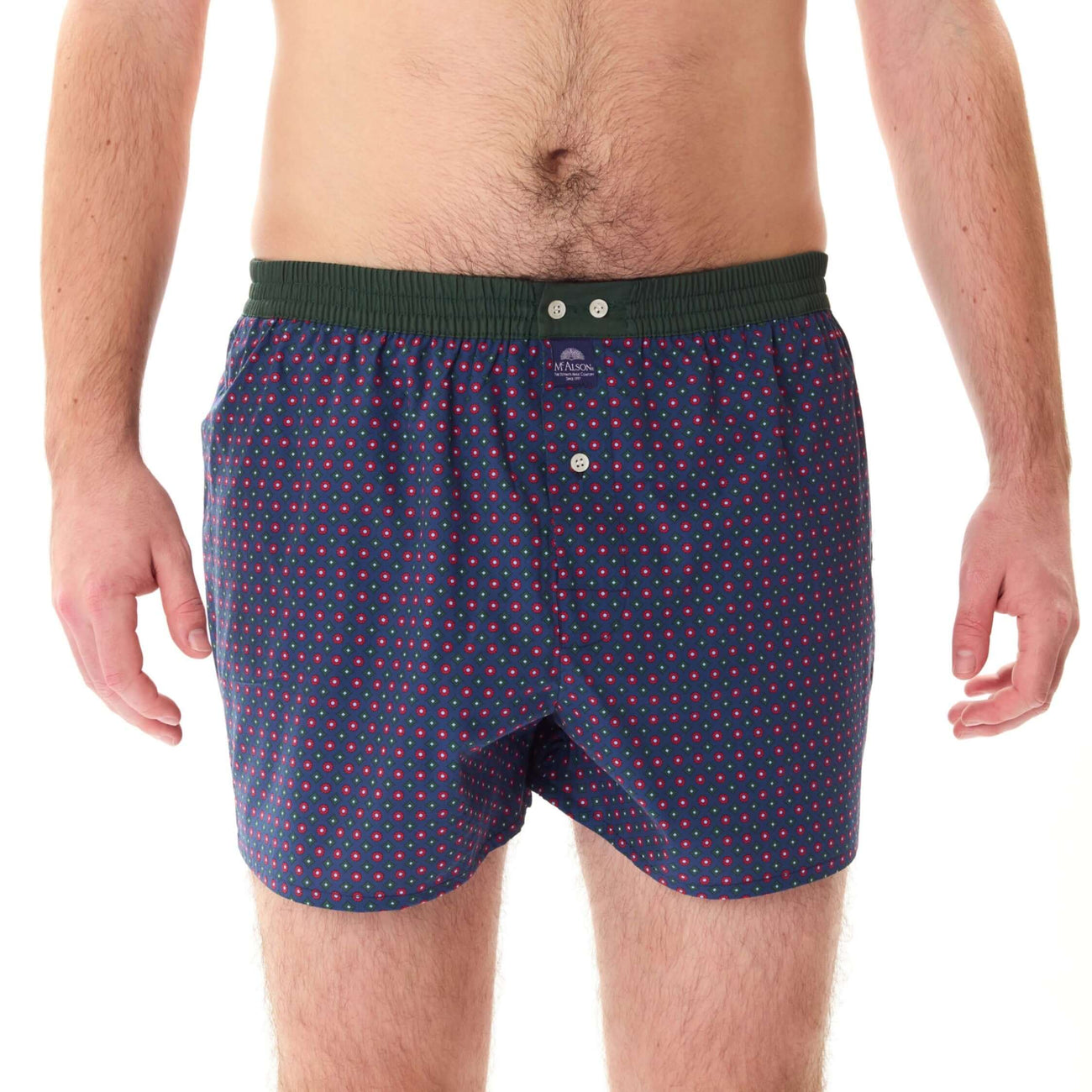 McAlson Boxershort met binnenbroek Diamonds navy, green & red M5248 in close-up, stijlvolle en comfortabele pasvorm.
