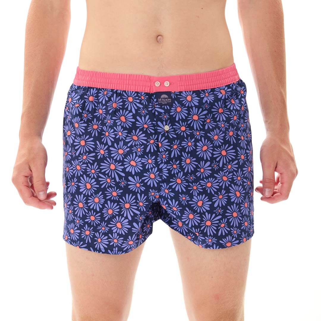 Mc Alson Boxershort met binnenbroek Flower Power Navy M5355 marine met bloemenprint en roze boord.