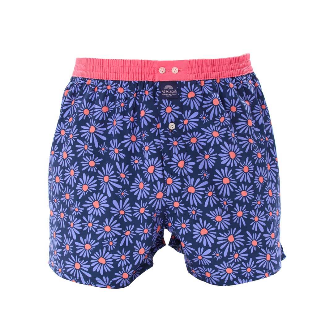 Mc Alson Boxershort met binnenbroek Flower Power Navy M5355 marine met bloemenprint en roze boord.