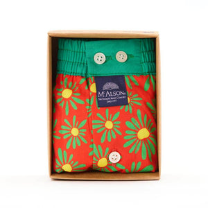 Mc Alson Boxershort met binnenbroek Flower Power Red M5354 rood in verpakking met bloemenprint en groene boord.