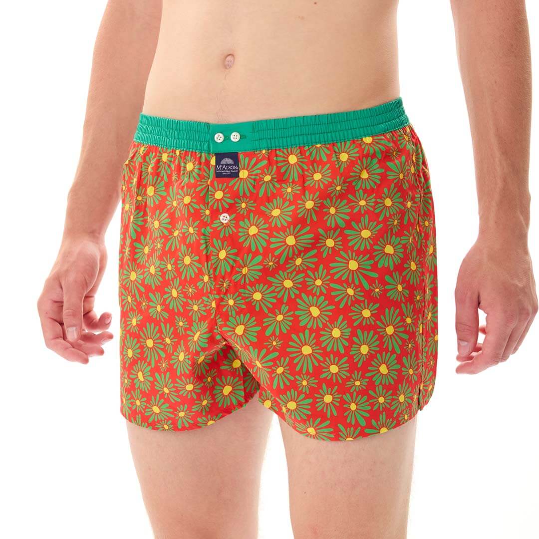 Mc Alson Boxershort met binnenbroek Flower Power Red M5354 rood met bloemenprint en groene boord.